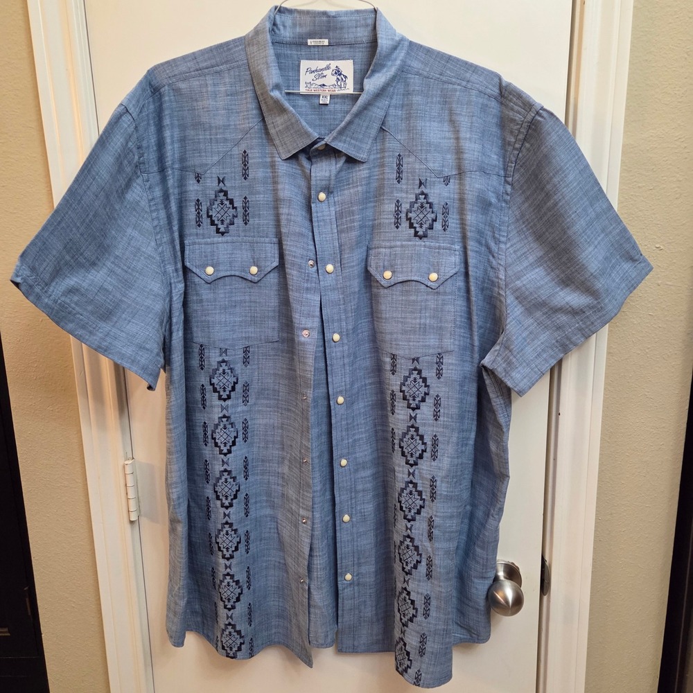 Panhandle Slim Mens XXL Blue Embroidered Western Short Sleeve Pearl Snap Shirt